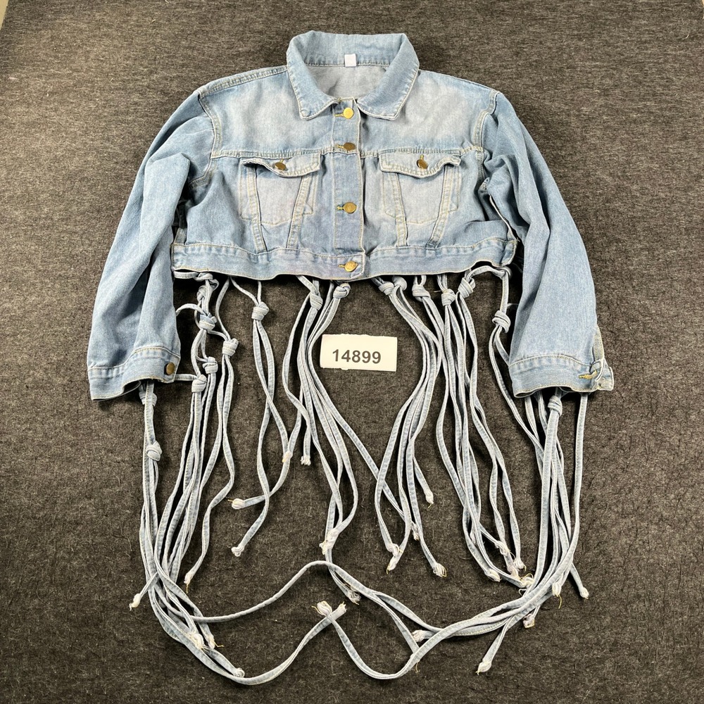Unbranded Denim Jacket Women XXL Blue Good Cropped Knotted Fringe Tassel Boho